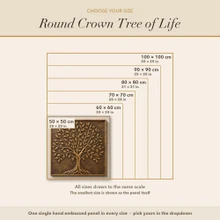 Size guide for the Round Crown Tree of Life panel, every size drawn to scale in cm and inches