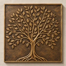 Round Crown Tree of Life, hand-embossed brass in aged bronze: straight product shot as a 10 mm deep panel with a plain rim