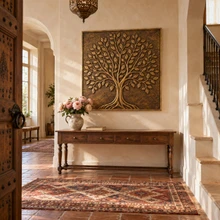 Round Crown Tree of Life, hand-embossed solid brass in aged bronze: entrance hall above a console table