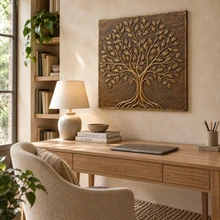 Round Crown Tree of Life, hand-embossed solid brass panel in aged bronze: hung in a study