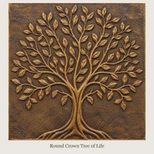 Round Crown Tree of Life: one hand-embossed solid brass wall panel in aged bronze, 10 mm deep, shown as it will be made