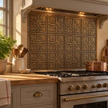 Maple and Bud, hand-embossed solid brass in aged bronze: kitchen backsplash