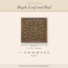 Size guide for the Maple Leaf and Bud tiles, every size drawn to scale in cm and inches