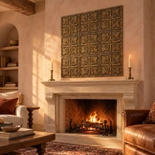 Maple and Bud, hand-embossed solid brass in aged bronze: feature panel above a living room fireplace