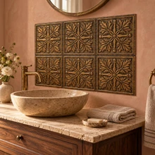 Maple and Bud, hand-embossed solid brass in aged bronze: bathroom vanity backsplash