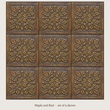 Maple and Bud: a set of 9 hand-embossed brass tiles laid in a straight grid, aged bronze