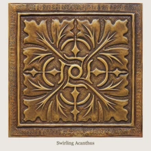 Swirling Acanthus: one hand-embossed solid brass tile in aged bronze, 6 mm deep with a raised rim, shown as it will be made