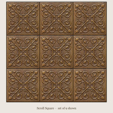 Scroll Square: a set of 9 hand-embossed brass tiles laid in a straight grid, aged bronze