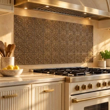 Starburst, hand-embossed solid brass in aged bronze: kitchen backsplash