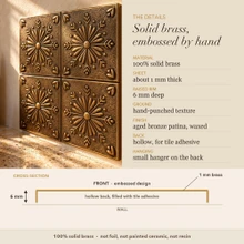 Detail card for the Starburst Sun tiles: solid brass, raised rim depth, finish and the back