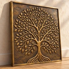 Spreading Oak Tree of Life, hand-embossed solid brass in aged bronze: three-quarter view showing the 10 mm edge and rim