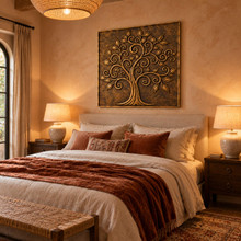Spiral Branch Tree of Life, hand-embossed solid brass in aged bronze: above a bed