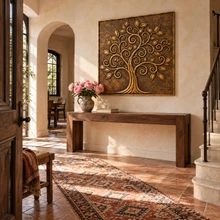 Spiral Branch Tree of Life, hand-embossed solid brass in aged bronze: entrance hall above a console table