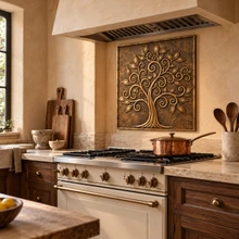 Spiral Branch Tree of Life, hand-embossed solid brass in aged bronze: kitchen backsplash panel behind a range