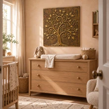 Spiral Branch Tree of Life, hand-embossed solid brass panel in aged bronze: hung in a nursery