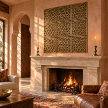 Star Mesh, hand-embossed solid brass in aged bronze: feature panel above a living room fireplace