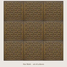 Star Mesh: a set of 9 hand-embossed brass tiles laid in a straight grid, aged bronze