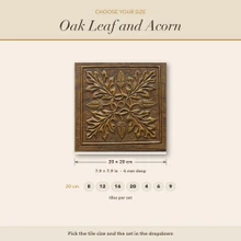 Size guide for the Oak Leaf and Acorn tiles, every size drawn to scale in cm and inches