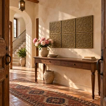 Interlaced Stars, hand-embossed solid brass in aged bronze: entrance hall feature wall above a console