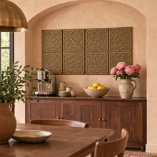 Interlaced Stars, hand-embossed solid brass in aged bronze: dining room coffee station backsplash