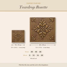 Size guide for the Teardrop Rosette tiles, every size drawn to scale in cm and inches