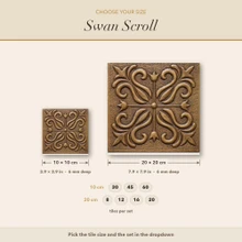 Size guide for the Swan Scroll tiles, every size drawn to scale in cm and inches