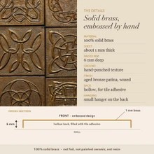 Detail card for the Celtic Knot Collection B tiles: solid brass, raised rim depth, finish and the back