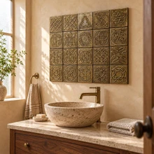 Celtic Knot Collection B, hand-embossed solid brass tiles in aged bronze: panel above a bathroom vanity