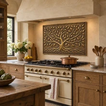 Wide Oak Tree, one hand-embossed solid brass wall panel in aged bronze: statement backsplash behind a kitchen range