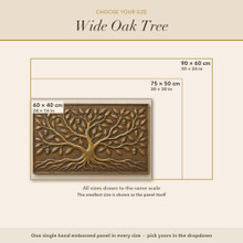 Size guide for the Wide Oak Tree panel, every size drawn to scale in cm and inches