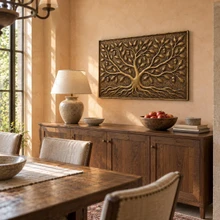 Wide Oak Tree, one hand-embossed solid brass wall panel in aged bronze: hung above a sideboard in a dining room