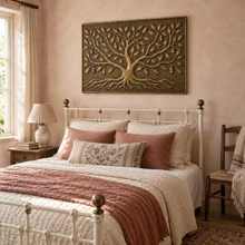Wide Oak Tree, hand-embossed solid brass panel in aged bronze: hung above a bed