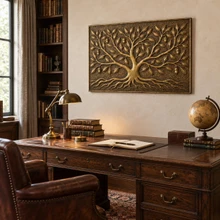 Wide Oak Tree, hand-embossed solid brass panel in aged bronze: hung in a study