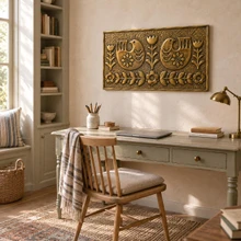 Folk Birds, hand-embossed solid brass panel in aged bronze: hung in a study