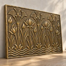 Lotus and Papyrus, one hand-embossed brass wall panel: three-quarter view showing the 10 mm edge and plain raised rim
