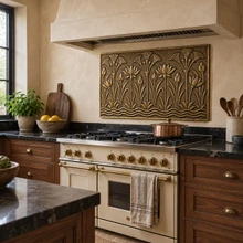 Lotus and Papyrus, one hand-embossed solid brass wall panel in aged bronze: statement backsplash behind a kitchen range