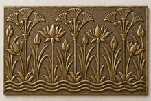 Lotus and Papyrus, one hand-embossed solid brass wall panel in aged bronze: straight product shot of the whole panel