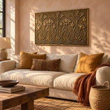 Lotus and Papyrus, one hand-embossed solid brass wall panel in aged bronze: hung above a sofa or fireplace in a living room