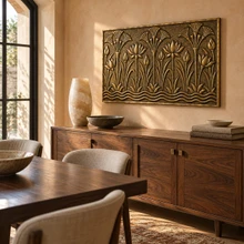 Lotus and Papyrus, one hand-embossed solid brass wall panel in aged bronze: hung above a sideboard in a dining room