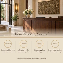 Card noting that the Lotus and Papyrus Frieze panel is made to order by hand