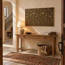 Lotus and Papyrus, hand-embossed solid brass panel in aged bronze: hung in an entrance hall