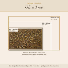 Size guide for the Olive Tree panel, every size drawn to scale in cm and inches
