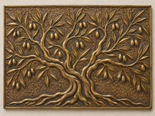 Olive Tree, one hand-embossed solid brass wall panel in aged bronze: straight product shot of the whole panel
