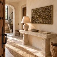 Olive Tree, one hand-embossed solid brass wall panel in aged bronze: hung in an entrance hall