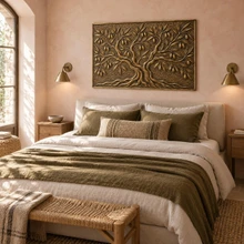 Olive Tree, hand-embossed solid brass panel in aged bronze: hung above a bed