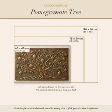 Size guide for the Pomegranate Tree panel, every size drawn to scale in cm and inches
