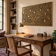 Pomegranate Tree, hand-embossed solid brass panel in aged bronze: hung in a study