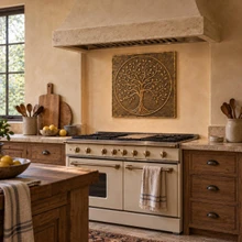 Slender Branch Tree of Life in a circle, one hand-embossed brass wall panel: statement backsplash behind a kitchen range