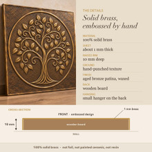 Detail card for the Curling Branch Tree in a Circle panel: solid brass, raised rim depth, finish and the back