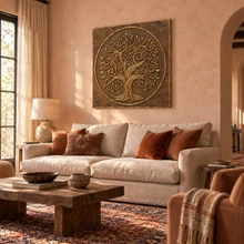 Swirling Tree of Life in a circle, one hand-embossed brass wall panel: hung above a fireplace or sofa in a living room